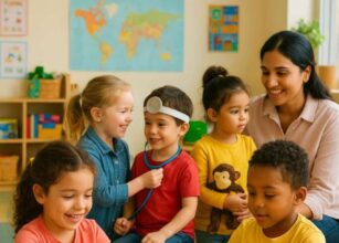 Bright preschool classroom with diverse children playing with colorful building blocks and a teacher encouraging learning and teamwork at upward preschool.
