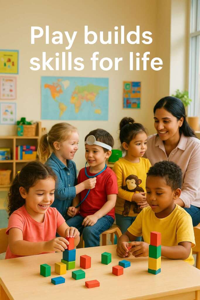 Bright preschool classroom with diverse children playing with colorful building blocks and a teacher encouraging learning and teamwork at upward preschool.